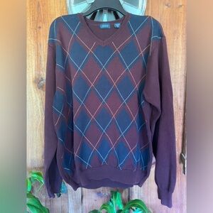 Vintage Izod Sweater Burgundy Navy Blue V-Neck Size XL